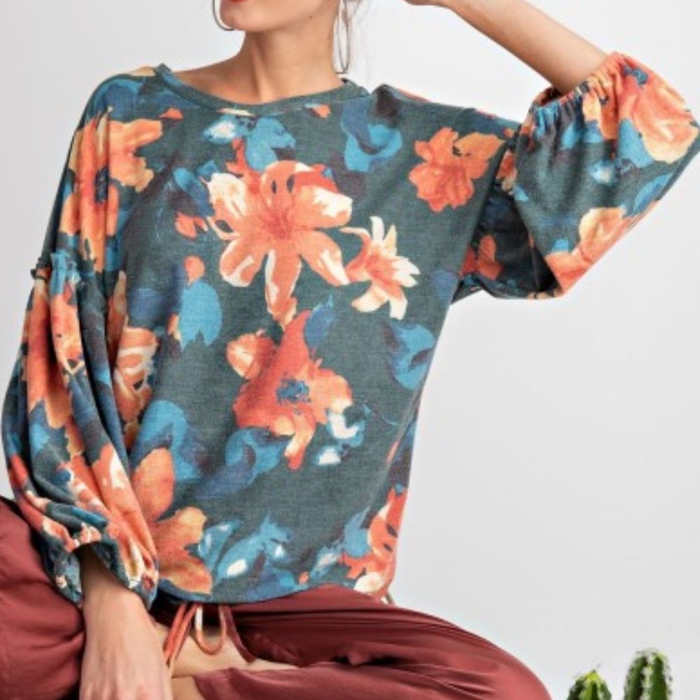 Bubble Sleeve Teal Floral Top
